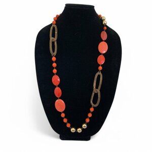 Vintage-Style Necklace Orange Red Beads Gold Accents & Antique Bronze Links 18"L